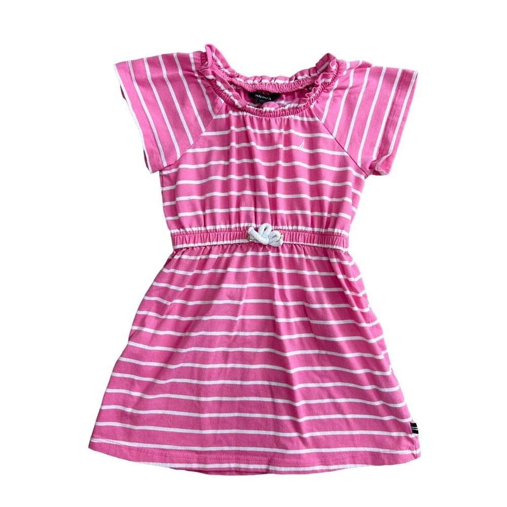 Nautica Size 5 Girls Pink White Striped Dress Stripes Elastic Waist Logo Soft
